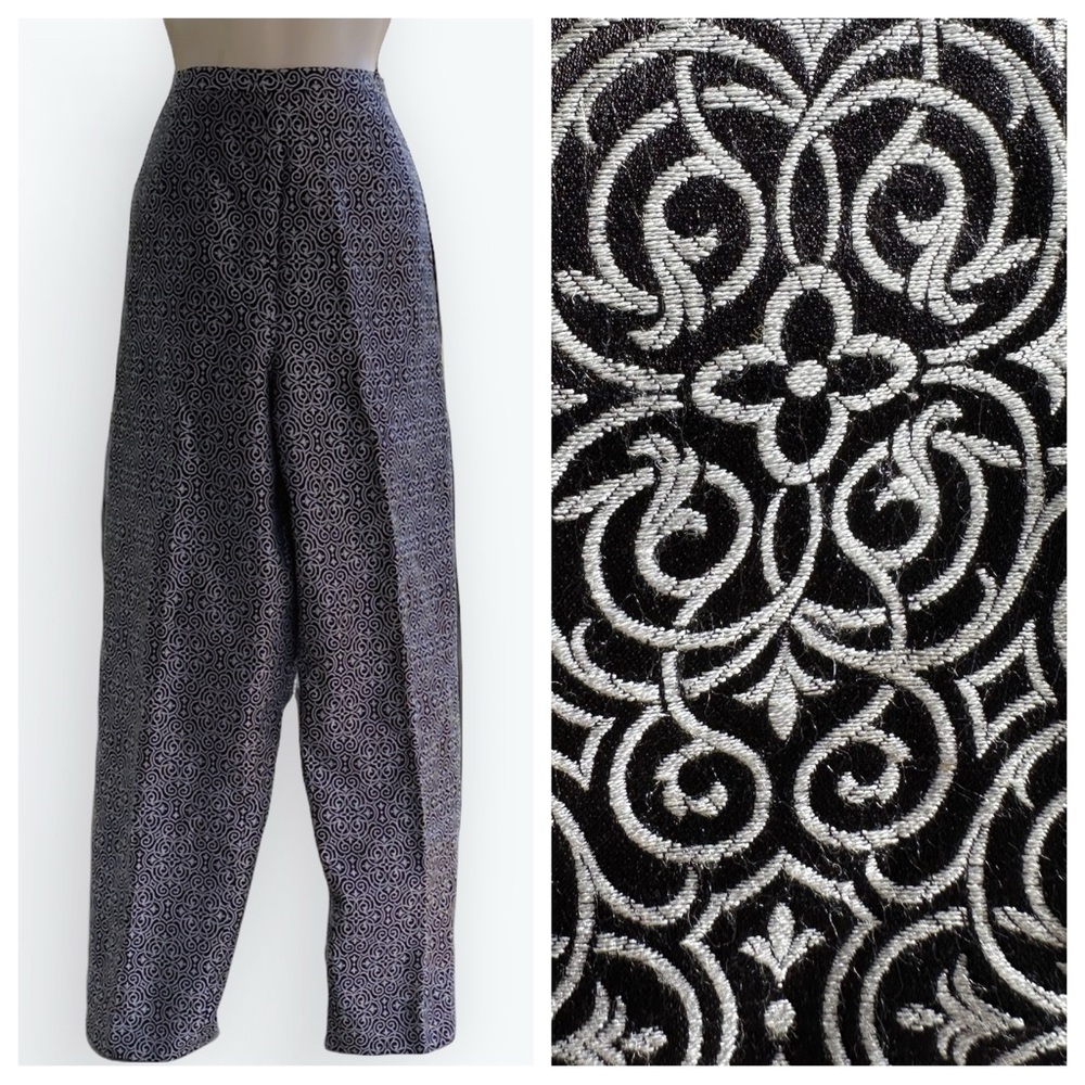 Dark Academia Baroque Goth Opulent Silk & Metallic Silver Black Trousers ~ 14